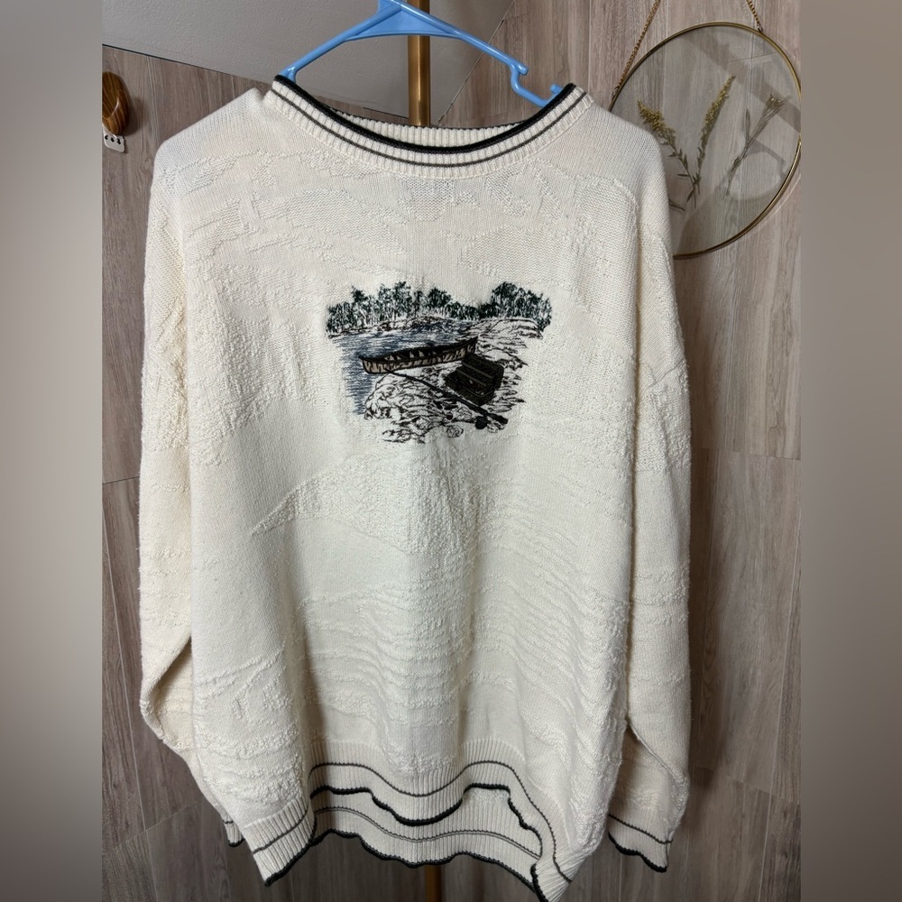 Shenandoah Elegant Cream Crewneck Sweater with Fishing Boat Design